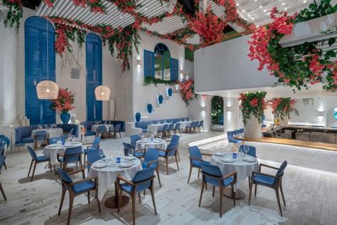 Opa Kipos Restaurant, Mumbai - Restaurant Interior Design on Love That Design Alley Restaurant, Greek Interior Design, Santorini Restaurants, Barbeque Area, Greek Cafe, Ab Concept, Outdoor Restaurant Patio, Mediterranean Interior Design, Mediterranean Interior