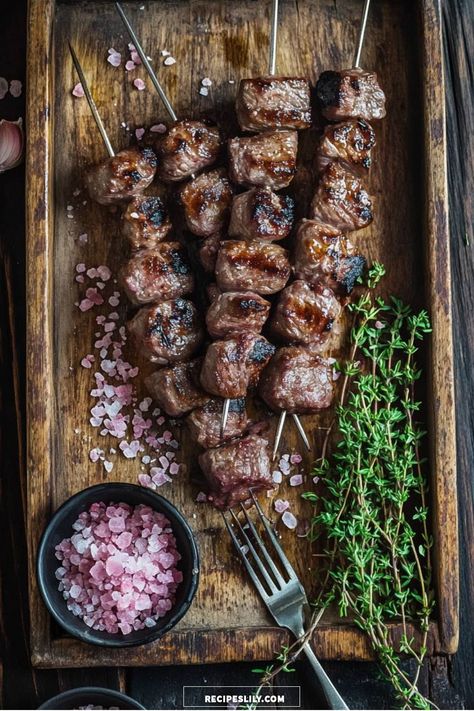 Grilling season is here! I'm sharing my favorite recipe for savory beef skewers that are perfectly charred and bursting with flavor. Paired with some pink Himalayan salt and fresh thyme, these skewers are a crowd-pleaser that will elevate any outdoor gathering or family dinner. Let's fire up the grill and get cooking! Grilled Beef Skewers, Grilled Beef Kabobs, Beef Skewers Grill, Beef Kebab, Beef Kabob Recipes, Beef Kebabs, Kebab Recipe, Beef Skewers, Beef Kabobs