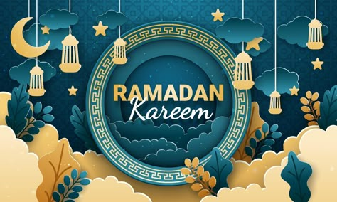 Ramadan kareem paper cut vector. Banner or poster with lantern, star and cloud ornament, suitable for celebrating ramadan events. Ramadhan Kareem Poster, Ramadan Design Poster, Ramadan Design Ideas, Ramadan Poster Ideas, Poster Ramadhan Design, Ramadhan Kareem Design, Ramadhan Banner, Ramadan Wallpaper Hd, Ramadhan Poster