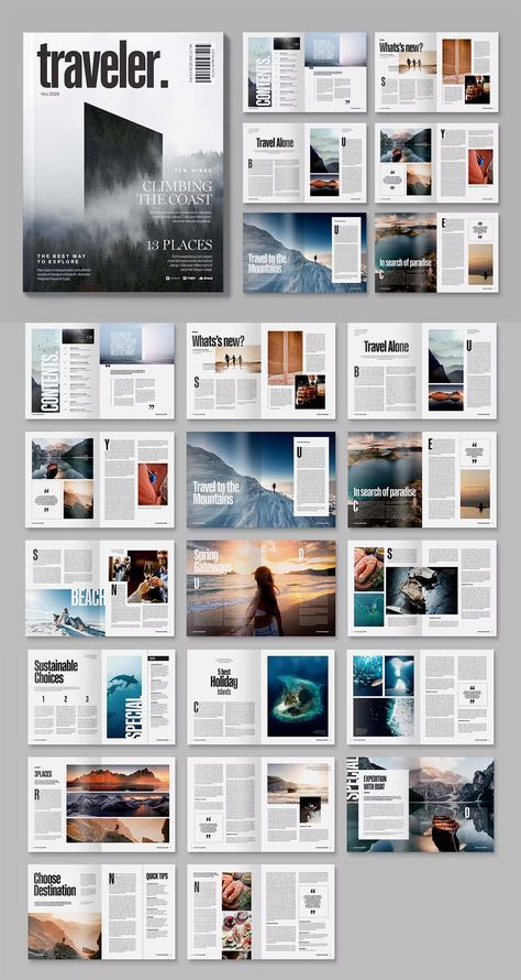 Modern Travel Magazine Template INDD Professional Magazine Layout, Layout Design Inspiration Magazine, Information Layout Design, Magainze Layout Design, Free Magazine Template, Magazine Layout Design Travel, Culture Magazine Layout, Maganize Design, Glossary Design Layout