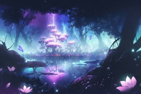 Magiс fantasy forest lake with glowing flowers at night Flowers At Night, Art Club Projects, Miss Marvel, Glowing Flowers, Fantasy Background, Forest Background, Location Inspiration, Mystical Forest, Night Forest