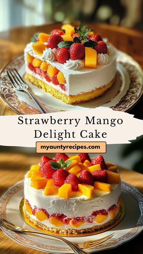 Enjoy the tropical flavors of our Refreshing Strawberry Mango Delight Cake! This vibrant dessert features layers of fluffy cake infused with fresh mango and strawberry flavors, creating a deliciously fruity experience. Perfect for summer parties, birthdays, or any occasion that calls for a bright and cheerful dessert, this cake is sure to steal the show. Mango Birthday Cake, Mango And Strawberry, Mango Delight, Fluffy Cake, Strawberry Delight, Mango Cake, Vanilla Whipped Cream, Cake Easy, Fresh Fruits