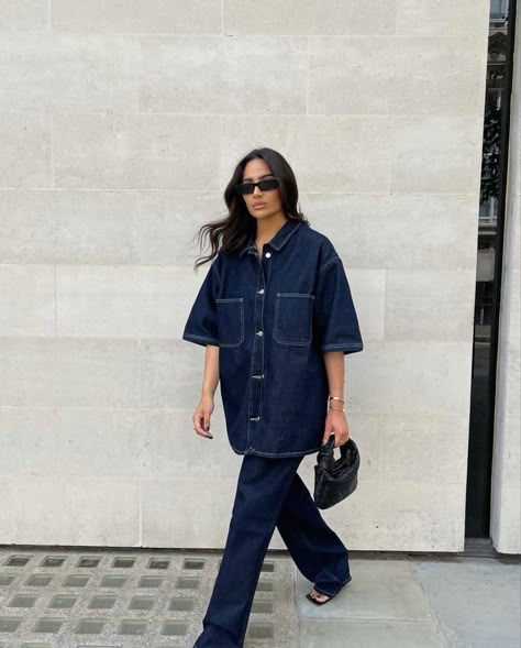 90s Inspired Blue Relaxed Fit Jeans, Laidback Outfit, 90s Style Blue Relaxed Fit Shirt, Relaxed Fit Blue 90s Style Shirt, 90s Oversized Denim Outerwear, Relaxed Fit Button-up Denim Top For Streetwear, Dark Denim Outfit, Dark Denim Shirt, Short Sleeve Denim Shirt