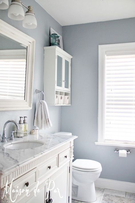 white vanity. I like the size of this for a one sink bathroom. Decorating The Bathroom, Bathroom Paint, Bathroom Paint Colors, Chic Bathrooms, Trendy Bathroom, Grey Bathrooms, Bathroom Decor Ideas, Luxury Kitchens, Trendy Kitchen