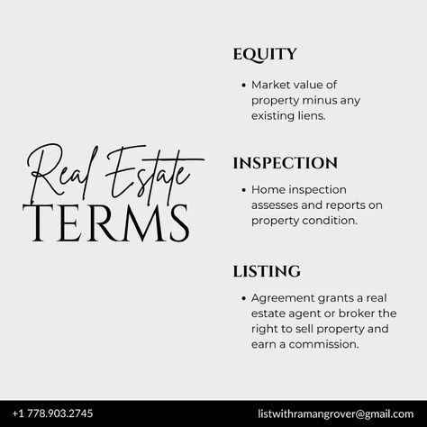 Understanding real estate terms like equity, inspections, and listings can give you a major advantage when buying or selling a home. Equity shows your financial ownership in a property, inspections ensure your investment is in good condition, and a listing agreement allows agents to help you sell. Knowing these key concepts makes the real estate process smoother and more transparent.

-
-
-

📞 +1 778.903.2745  
💻 listwithramangrover@gmail.com Real Estate Math Formulas, Real Estate Notes, Real Estate Agent Aesthetic, Beginner Real Estate Agent, Real Estate Contract, Real Estate Terms, Getting Into Real Estate, Purchase Agreement, Equity Market