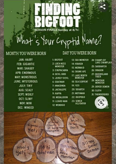 Find your bigfoot name and wear it proud on your custom wooden nametag Sasquatch Scavenger Hunt, Sasquatch Party Food, Paranormal Birthday Party, Bigfoot Birthday Party Decorations, Bigfoot Party Games, Sasquatch Party Ideas, Bigfoot Classroom Theme, Bigfoot Scavenger Hunt, Cryptid Party Decorations