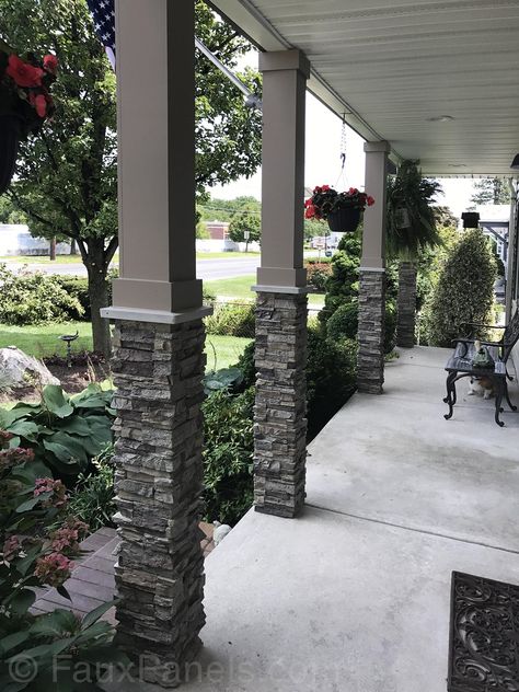 Adding Stone To Porch Columns, White Stone Columns Porch, Backyard Pillars Columns, Porch Column Design, Deck Column Ideas, Decorative Porch Posts, Outdoor Column Wraps, Pillar Exterior Design, Stone Posts On Porch