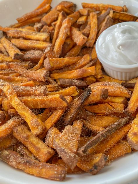 4 Ingredient Cinnamon Sugar Sweet Potato Fries – Peanut Butter and Jilly Sweet Potato Fries Seasoning, Gluten Free Side, Homemade Sweet Potato Fries, Air Fryer Sweet Potato Fries, Raw Sweet Potato, Sweet Potato Recipes Fries, Sweet Potato Cinnamon, Sweet Potato Fries Baked, Gluten Free Sides