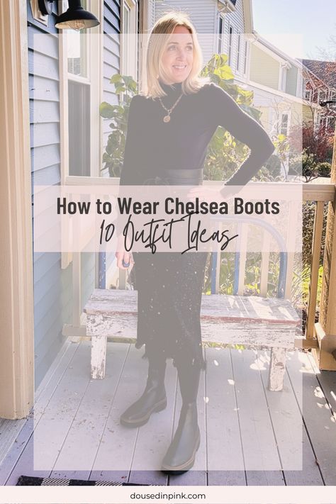 Discover the ultimate guide on how to wear Chelsea boots this fall! Ten outfit ideas to recreate so that you can embrace the season in style. Dresses And Chelsea Boots, Chelsea Boots Business Casual Women, Chelsea Boots And Skirts, Sweater Dress Chelsea Boots, Dresses With Chelsea Boots Outfits, Skirts With Chelsea Boots, Chelsea Boots Outfit Dressy, Chelsea Boots With Skirt Outfit, Shiny Black Boots Outfit