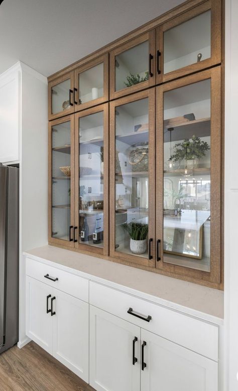 Built In Glass Display Cabinet Kitchen, Pantry With Glass Doors Kitchen Cabinets, Counter Cupboard Cabinets, Glass Cabinets Dining Room, Crockeries Cabinet, Glass Cabinet Built In, Built In Dining Room Cabinets Modern, Countertop China Cabinet, China Cabinet On Kitchen Counter