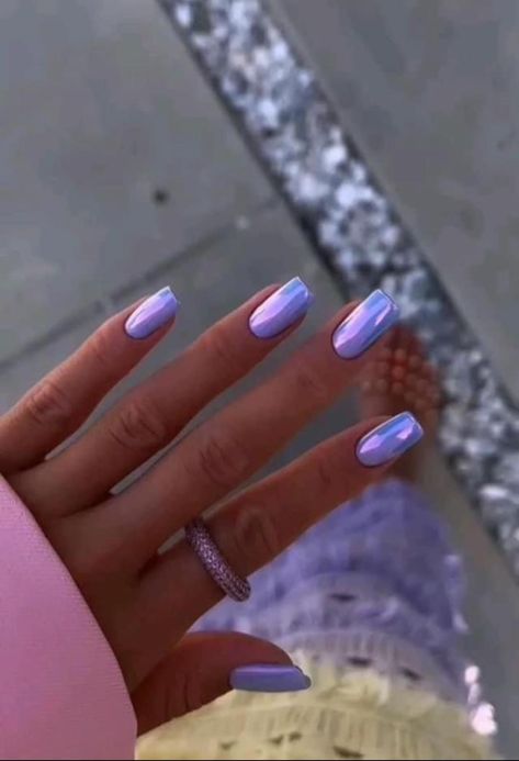 Chrome Nails For Easter, Light Purple Easter Nails, Shiny Lavender Nails, April Chrome Nails, Chrome Powder Dip Nails, Purple And White Chrome Nails, Blue Nails With Pink Chrome, Nails With Blue And Purple, Trendy Spring Nails Chrome