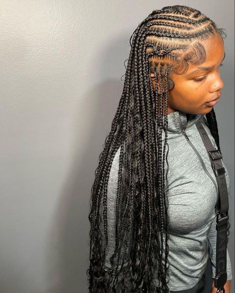 Fulani Braids With Bohemian Curls, Feed Ins With Curls, Boho Tribals With Knotless Braids, Braided Hairstyles For Black Women Cornrows, Feed In Braids Hairstyles, Goddess Braids Hairstyles, Box Braids Hairstyles For Black Women, Cute Braided Hairstyles, Braids Hairstyles Pictures