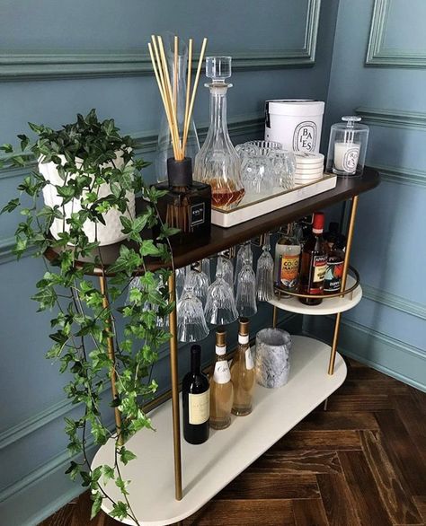 West Elm bar cart Mini Bar Trolley Ideas, Mini Cocktail Bar Home, Westelm Bar Cart, Home Bar Trolley Ideas, Living Room Mini Bar Ideas, Bookshelf As Bar Cart, Bar Cart Ideas For Home Living Rooms, Manly Bar Cart Styling, Entryway Bar Cart