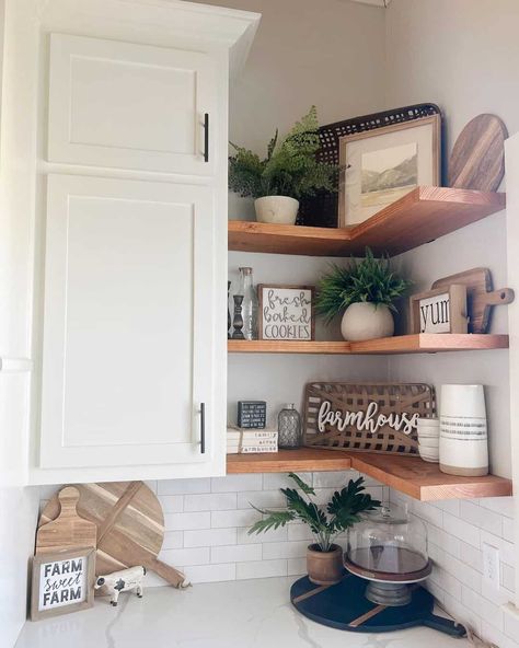 7+ Functional Corner Shelf Ideas to Optimize Your Farmhouse-style Home Open Shelf Corner Kitchen, End Cabinet Shelves, Limited Kitchen Counter Space, Ideas For Corner Cabinets In Kitchen, Small Corner Kitchen Ideas, Kitchen Corner Shelf Decor, Shelves In Kitchen Instead Of Cabinets, Kitchen Corner Decor Ideas, Corner Kitchen Shelf