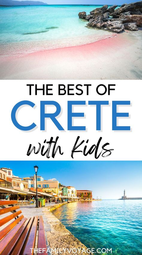 If you're looking for the best things to do in Crete with kids, CLICK HERE for all the details! You'll find out where to stay on Crete Greece, the best Crete Greece things to do with kids, how to get around Crete and more. Don't miss this detailed guide to Crete for kids, one of the biggest islands to visit in Greece with kids on a Greece family trip. Elounda Crete, Greece With Kids, Crete Island Greece, Greek Islands Vacation, Rethymno Crete, Europe Holiday, Visit Cyprus, Best Family Resorts, Greece Destinations