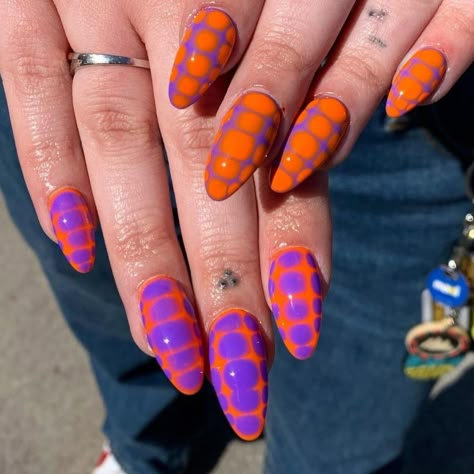 Purple Green And Orange Nails, Orange Purple Green Nails, Orange Purple Nails, Orange And Purple Nails, Bright Purple Nails, Purple And Orange Nails, Lava Nails, Neon Green Nails, Short Almond Nails