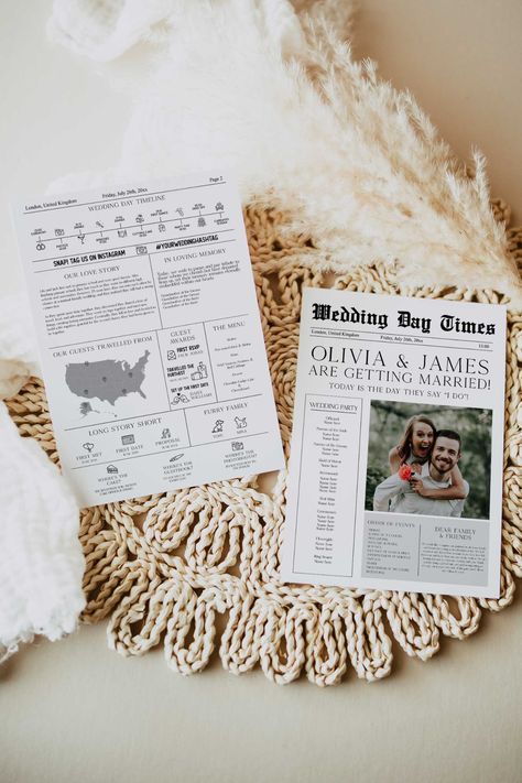 Printable Newspaper, Newspaper Wedding, Newspaper Wedding Programs, Newspaper Program, Wedding Infographic, Unique Wedding Programs, Wedding Newspaper, Vintage Newspaper, Wedding Programs Template