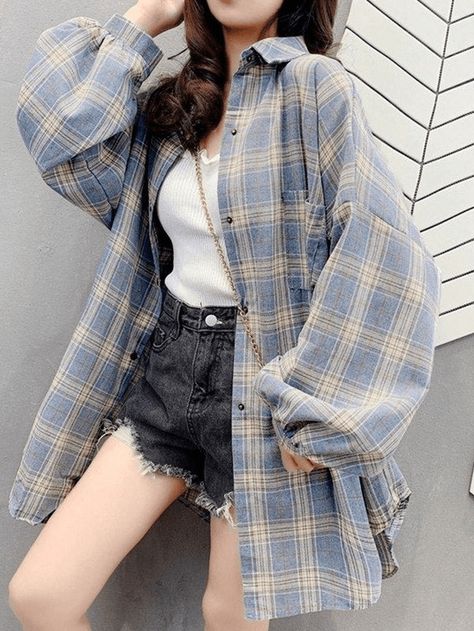 Checkered Baggy Long Sleeve Button Blouse - HouseofHalley Baggy Long Sleeve, Checkered Blouse, Jeans Outfit Summer, Checked Blouse, Strapless Crop Top, Crop Top Dress, Button Blouse, Bodycon Floral Dress, Jean Flare