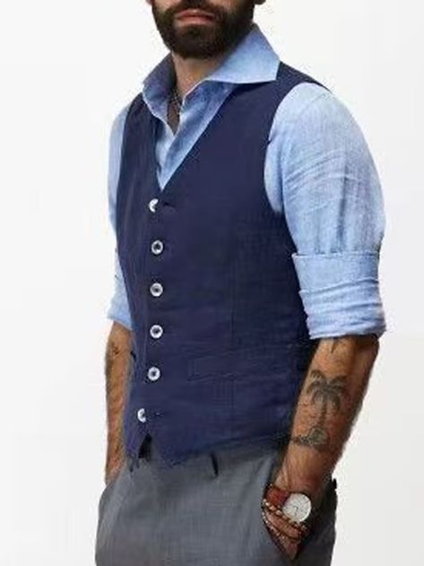 Men's Vest Waistcoat Daily Wear Vacation Fashion Basic Spring & Fall Button Cotton Polyester Comfortable Plain Single Breasted V Neck Regular Fit White Black Dark Blue Vest 2023 - AU $43.69 Linen Vest Mens, Going Out Fashion, Tuxedo Coat, Streetwear Winter, Hoodies Men Style, Blue Vest, Winter Fashion Coats, Vest Waistcoat, Blue Vests