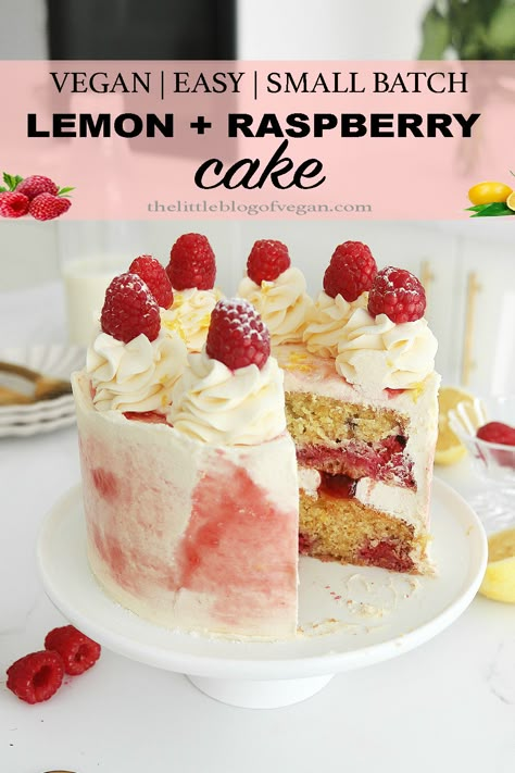 Lemon raspberry cake on stand Vegan Cake Decorating, Vegan Raspberry Cake, Vegan Gf Lemon Cake, Vegan Gluten Free Lemon Cake, Vegan Strawberry Lemon Cake, Vegan Lemon Raspberry Cake, Dairy Free Birthday Cake, Vegan Chocolate Raspberry Cake, Raspberry Lemon Cake