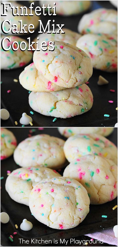 White Chocolate Funfetti Cake Mix Cookies with pastel sprinkles on baking sheet Cake Mix And Pudding, Funfetti Cake Mix Cookies, Colorful Recipes, Strawberry Cake Mix Cookies, Amazing Cookie Recipes, Recipes Using Cake Mix, Chocolate Cake Mix Cookies, Chef Cake, Funfetti Cake Mix