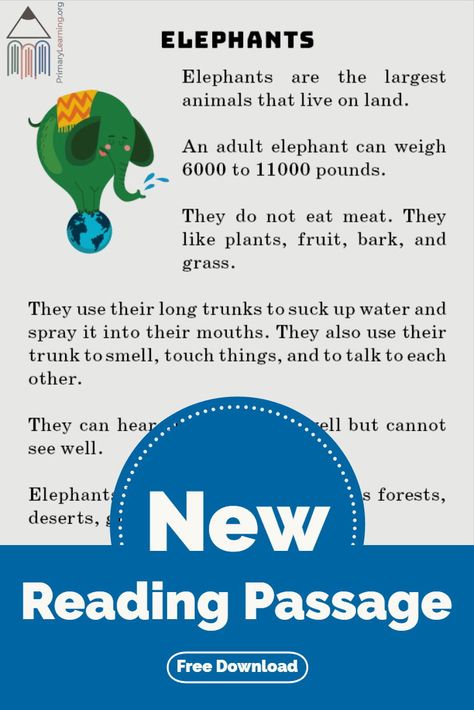 Elephant Facts For Kids, Elephant Information, Elephants For Kids, Reading Comprehension Texts, Cause And Effect Essay, Elephant Facts, Animal Lessons, 1st Grade Science, Farm Activities