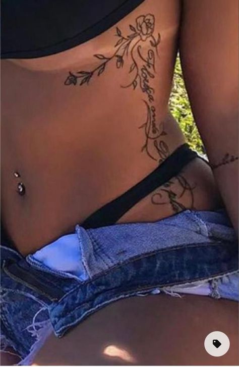 Rib And Leg Tattoos For Women, Half Sleeve Bird Tattoos For Women, Thigh And Back Tattoo Women, Rib Tattoo Black Women, Side Tattoos Women Ribs Quotes, Tattoos On Ribs For Women, Rib Tats For Women, Cool Rib Tattoos, Pretty Leg Tattoos For Women