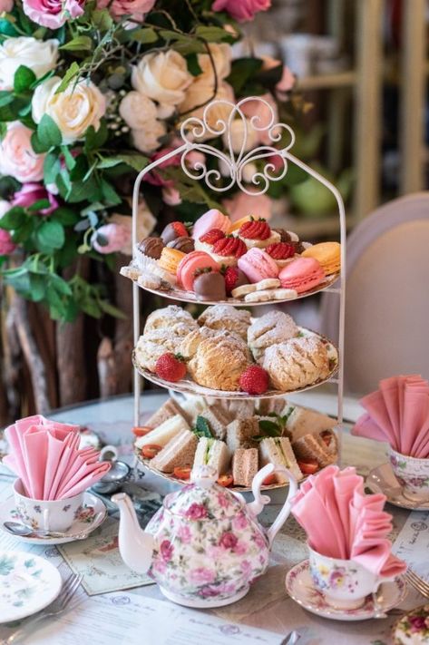 Mother’s Day Tea Party Table Ideas, English Rose Tea Room, High Tea Treats, Afternoon Tea Hen Do, English Tea Room Decor, High Tea Themes Ideas, Tea Party Birthday Snacks, Flower Tea Party Birthday, Garden High Tea Party