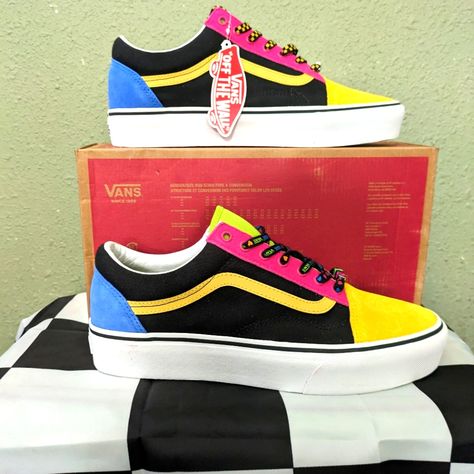 Brand: Vans Style: Old Skool Platform Bin: Marr 0124 Size: Men 11.5 Upper: Suede Midsole: Foam Outer Sole: Rubber Color: Yellow Black Purple Condition: New No Box Comments: Vans Old Skool Beads Platform Men 11.5 Multicolor Block Nwt 0124 Yellow Purple Vans Old Skool Stackform. The Old Skool Stackform Refreshes Our Iconic Sidestripe Silhouette With An Even Chunkier Take On The Platform Aesthetic. Constructed With A 34 Mm Sidewall Height, This Platform Shoe Elevates A Classic Favorite While Bringi Platform Aesthetic, Platforms Aesthetic, Old Skool Stackform, Purple Vans, Old Skool Platform, Wall Style, Vans Yellow, Painted Vans, Platform Shoe