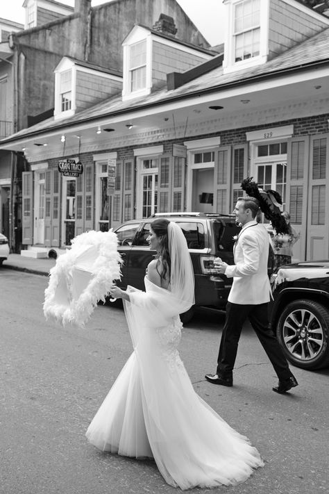 Following the ceremony, guests joined a "second line" (a traditional brass band parade) lead by Bucktown All-stars. Everyone walked around the French Quarter and ended up at Marché, the reception location. According to Katherine, "From the moment the ceremony ended, the party was Bourbon Wedding, Kate Austin, Intimate Outdoor Wedding, New Orleans Elopement, Wedding Captions For Instagram, Ballroom Reception, Nola Wedding, Heirloom Dresses, Sequin Bridesmaid