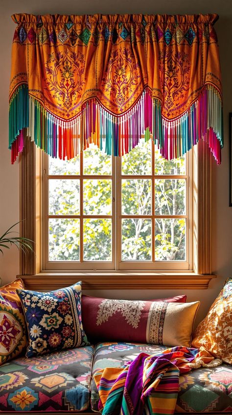 Boho Bedroom Curtain Ideas Diy Privacy Curtain, Funky Window Treatments, Maximalist Curtains Bedroom, Blanket Curtains Diy, Make Your Own Curtains, Double Curtains Bedroom Ideas, Funky Curtains Bedroom, Handmade Curtains Diy, Handmade Curtains Ideas