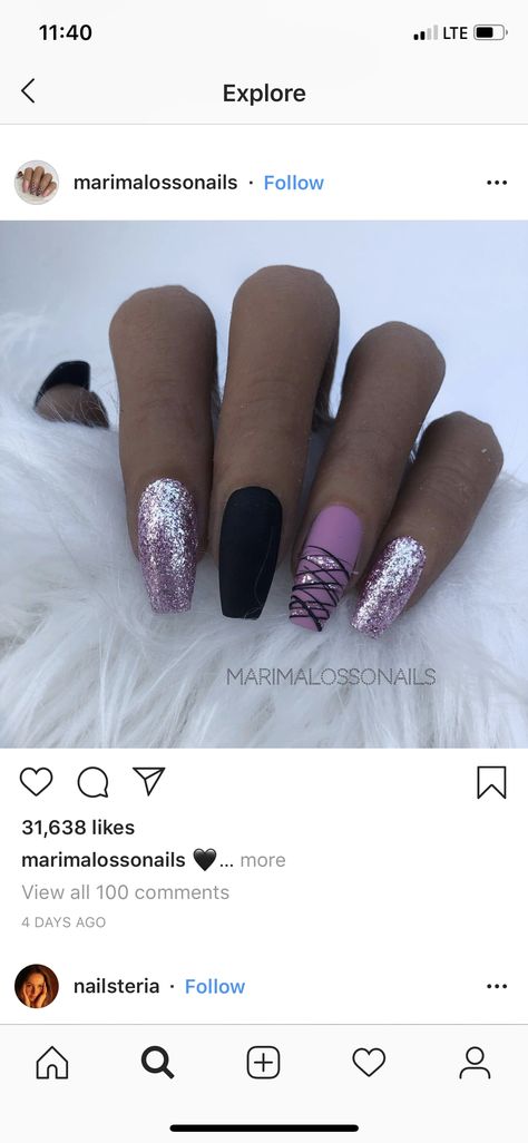 Black Pink And Gold Nails, Glamour Nails Designs, Nails With Glitter, Diva Nails, Different Nail Designs, Nail Growth, Funky Nails, Dope Nails, Purple Nails