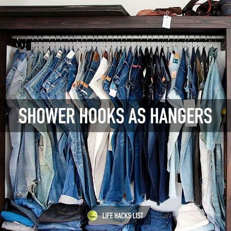 Easy Closet Organization, Jean Organization, Closet Hacks, Clothes Hacks, Simple Closet, Bedroom Organization, Shower Hooks, Diy Closet, Home Organization Hacks