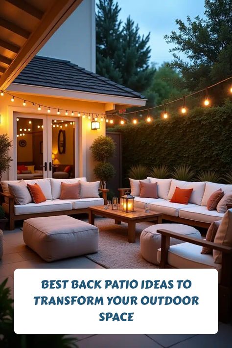 Cozy outdoor patio with string lights, sectional seating, and plants, creating a warm ambiance. Garden Nooks, Back Patio Ideas, Garden Nook, Patio Inspiration, Patio Flooring, Cozy Outdoor, Tiny Space, Backyard Spaces, Water Walls