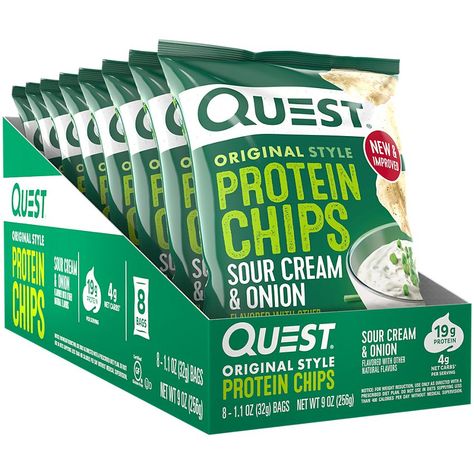 Quest Protein Chips, Good Protein Snacks, Sour Cream Chips, Onion Chips, Quest Chips, Quest Protein, Protein Chips, Gluten Free Potatoes, Plant Based Snacks