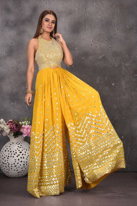 Halter Neck Traditional Dress, Haldi Wedding Outfits, Yellow Ethnic Outfit, Yellow Dress Embroidery Design, Indian Jumpsuits For Women, Ethnic Palazzo Outfit, Halter Neck Sharara Suit, Haldi Jumpsuit Outfit, Yellow Indo Western Outfits For Haldi