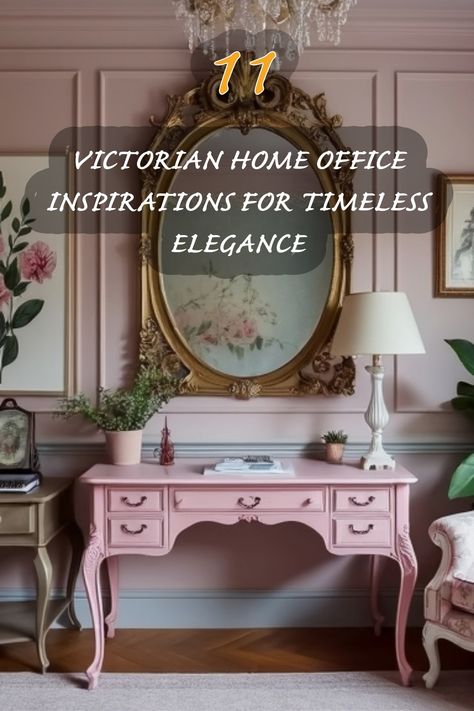 I'm so inspired by the blend of elegance and functionality in Victorian home office designs. This stunning workspace features a charming pink desk that adds a touch of softness, complemented by vintage decor and floral artwork. The ornate mirror reflects the luxurious details, making it a perfect setting for productive creativity. My dream office combines classic style with modern comforts, creating a truly inspiring atmosphere. Parisian Home Office, French Country Home Office, Victorian Home Office, Modern Victorian Bedroom Ideas, Feminine Home Office Classy, Modern Victorian Bedroom, Classy Desk, Victorian Study, Vintage Office Decor