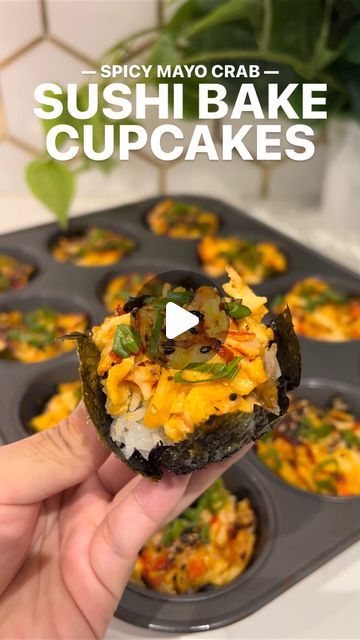 Salmon Bake Sushi Recipes, Sushi Bake Cupcakes, Shrimp Sushi Bake, Crab Sushi Bake, Sushi Muffins, Sushi Casserole, Baked Sushi Recipe, Baked Sushi, Sushi Cupcakes