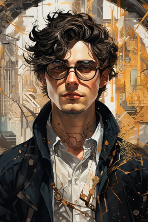 Cool Anime Guys With Glasses, Nerdy Male Character Design, Dnd Character With Glasses, Anime Man Glasses, Steampunk Male Character Design, Steampunk Man Art, Man With Glasses Art, Character Design Glasses, Man With Glasses Drawing