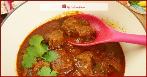 Rich and Tangy Pork Vindaloo - MyIndianStove Madhur Jaffrey Recipes, Pork Vindaloo Recipe, Goa Food, Pork Vindaloo, Madhur Jaffrey, Vindaloo Recipe, Sweet Sour Sauce, Mango Pickle, Canning Crushed Tomatoes