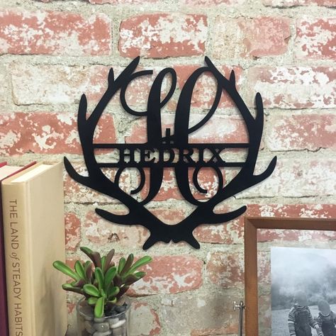 Personalized Antler Monogram Metal Sign Metal Wall Art | Etsy Antler Monogram, Deer Signs, Deer Camp, Camping Signs, Monogram Signs, Recycled Cardboard, Gifts For Hunters, Sign Ideas, Oh Deer