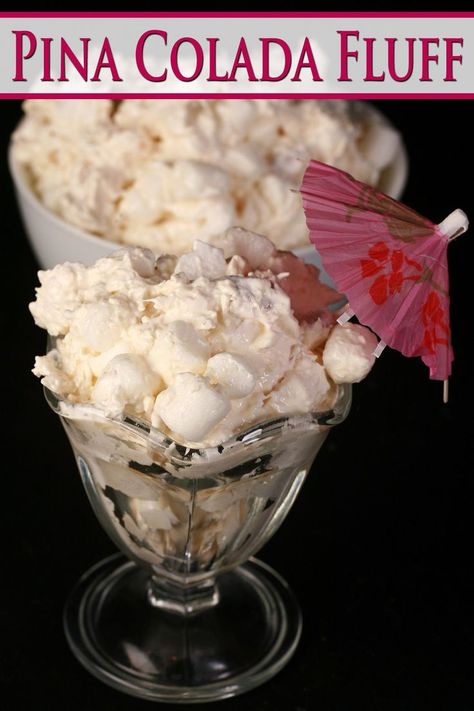 This Pina Colada Fluff Salad recipe came about as the result of last minute improvisation, and quickly became a family favorite! Super tasty! Pina Colada Fluff, Cocktail Umbrella, Fluff Salad Recipes, Fluff Salad, Coconut Pudding, Kinds Of Desserts, Pink Cocktail, Dessert Cake Recipes, Gf Desserts