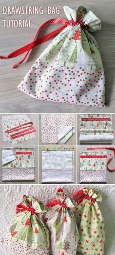 Christmas Gift Bags To Sew, Make A Drawstring Bag, Drawstring Bag Tutorial, Sew A Bag, Drawstring Bag Diy, Drawstring Bag Tutorials, Drawstring Bag Pattern, Sewing Christmas Gifts, Origami Bag