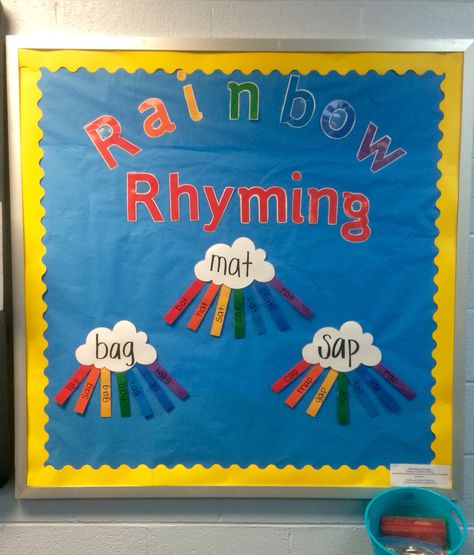 Interactive Kindergarten bulletin board. Match the rainbow with the cloud that it rhymes with. Also works with word family of the week! Phonemic Awareness Bulletin Board, Rhyming Bulletin Board Ideas, Counting Bulletin Board Ideas, Interactive Bulletin Boards Elementary, Bulletin Boards For Kindergarten, Phonics Bulletin Board, Kindergarten Bulletin Board, Ela Bulletin Boards, Word Wall Kindergarten