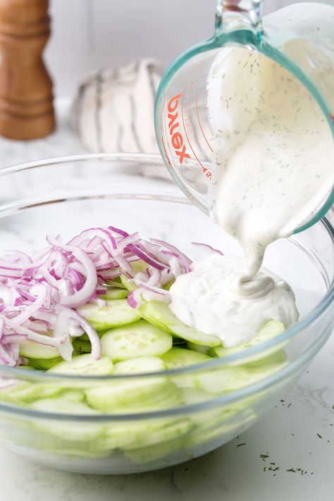 Creamy cucumber salad is a refreshing summer staple with crisp cucumbers, crunchy red onions, fresh dill and a light sour cream dressing. Cucumber Sour Cream Onion Salad, Sour Cream And Dill Cucumber Salad, Cucumber Purple Onion Salad, Creamy Cucumber And Onion Salad, Cucumber Salad No Sour Cream, Creamy Cucumber Salad With Sour Cream, Creamed Cucumbers And Onions, Creamy Dill Cucumber Salad, Creamy Cucumbers And Onions