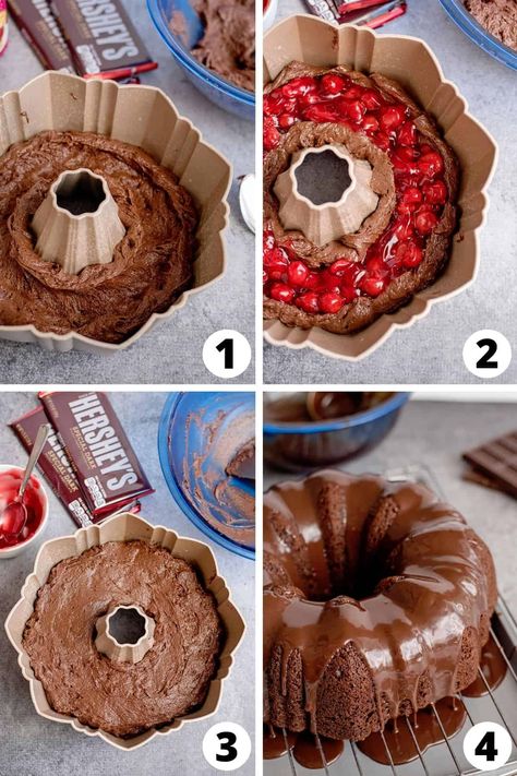 Black Forest Cake in a Bundt Pan Black Bottom Bundt Cake, Black Forest Bundt Cake Recipe, Black Forest Bundt Cake, Friendsgiving Desserts, Cake With Cherry Filling, Chanukah Recipes, Cake With Cherry, Black Forest Cake Recipe, Black Forrest