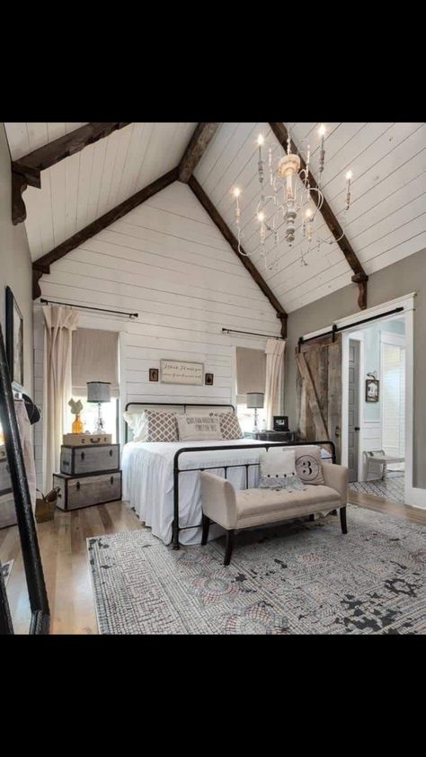 Vaulted Ceiling Bedroom, Tiny House Living Room, Beam Ceiling, Farmhouse Inspiration, Farmhouse Master, Upstairs Bedroom, Tiny House Living, Master Bedding, Ceiling Beams