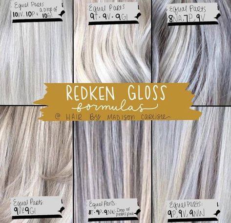 Redken Gloss, Redken Color Formulas, Toning Bleached Hair, Shades Formulas, Toner Formulas, Toner For Blonde Hair, Hair Formulas, Blonde Toner, Hair Formula