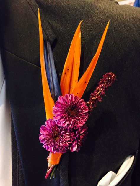 Birds of paradise   boutonniere. Birds Of Paradise Boutonniere, Bird Of Paradise Boutonniere, Tan Suit, Wedding 2024, Wedding Florals, Birds Of Paradise, Boutonniere, Wedding Stuff, Wedding Colors