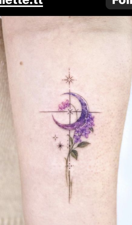 Tattoo Ideas Female Lavender, Moon And Lavender Tattoo, Lavender Moon Tattoo, Tattoo Ideas Lavender, Violet Evergarden Tattoo, Purple Tattoo Ideas, Lilac Tattoo Design, Lilac Tattoos, Amethyst Tattoo